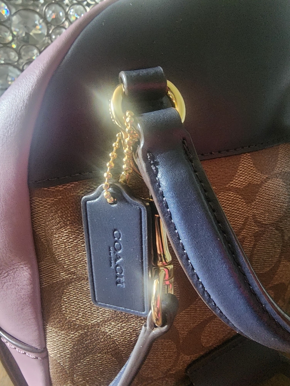 NWOT Coach Brown Signature Canvas Mini Backpack with Pink Trim & Navy Accents - Picture 8 of 8